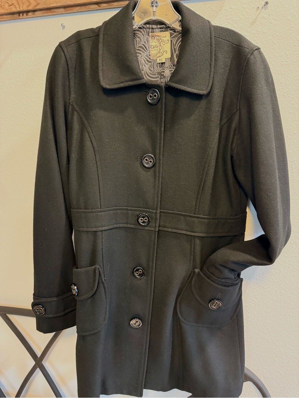 Tulle Black Wool Blend Button Front Coat Women’s XL Long Jacket
